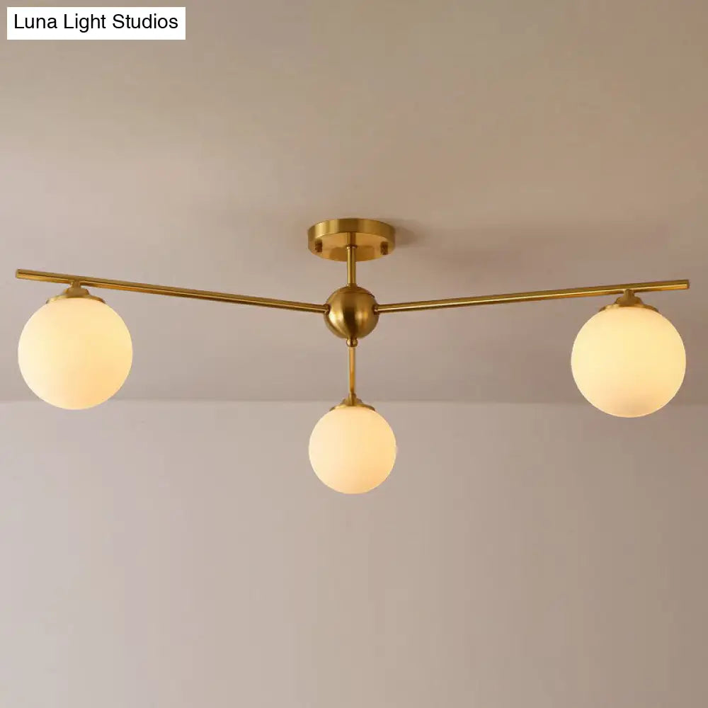 Simplicity Milk Glass Globe Semi Flush Mount Light - 3 - Bulb Antiqued Gold Ceiling Fixture / Large