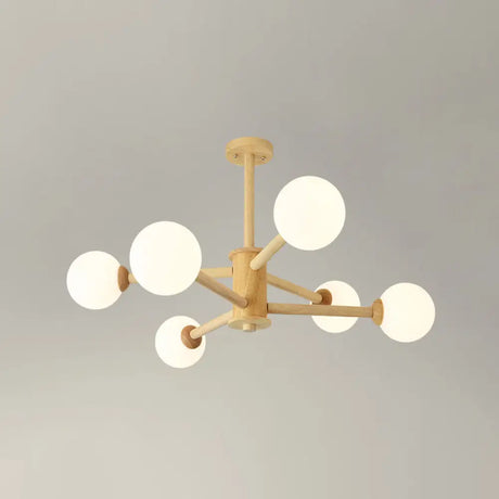 Simplicity Modern Beige Wood Hanging Light With White Frosted Glass Shade For Living Room & Bedroom