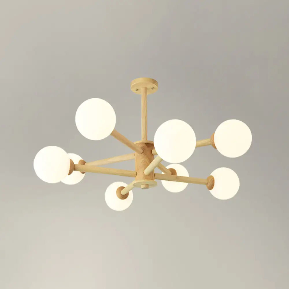 Simplicity Modern Beige Wood Hanging Light With White Frosted Glass Shade For Living Room & Bedroom