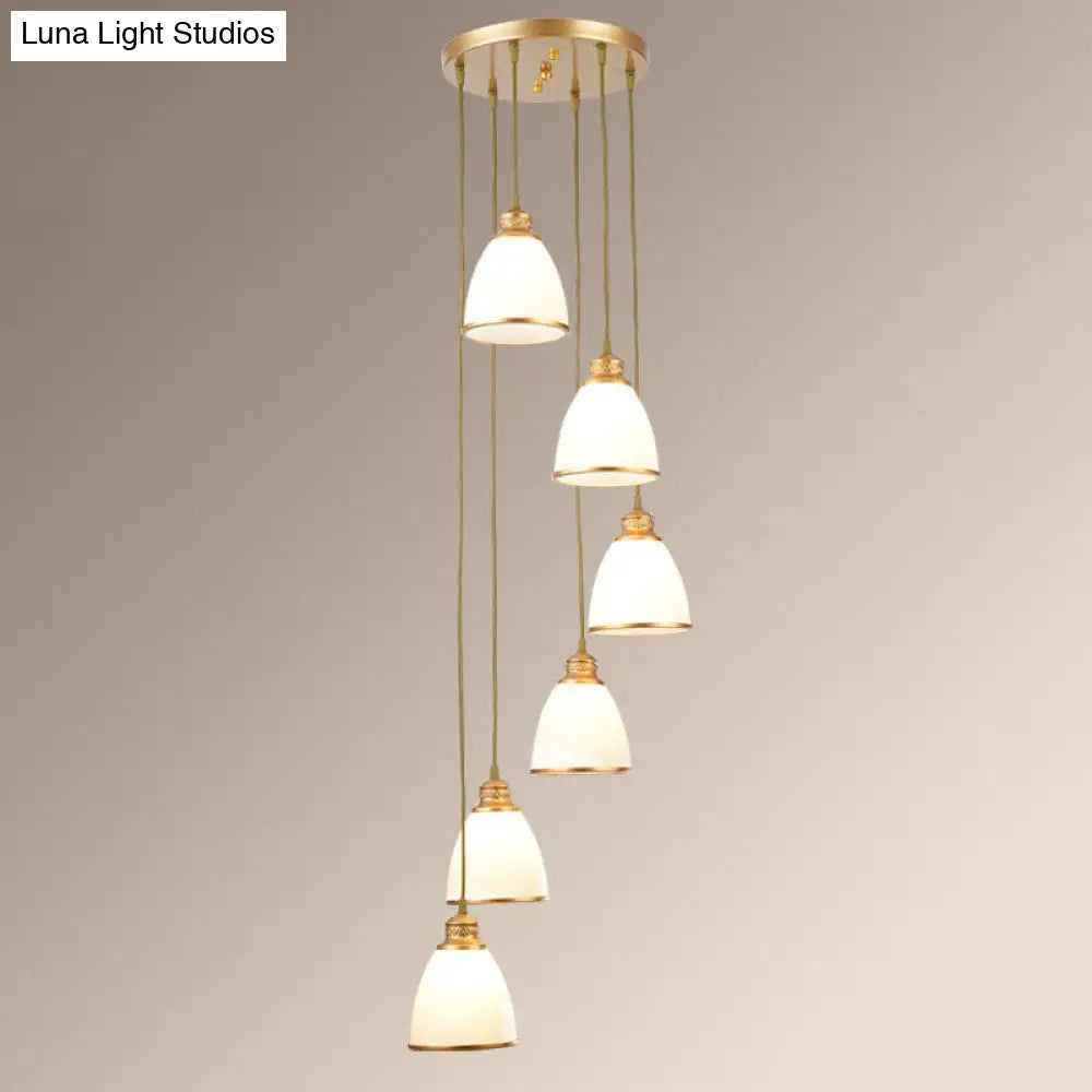 Simplicity Cream Glass Staircase Hanging Light With Spiral Bell Shade - Multi Pendant 6 / Gold