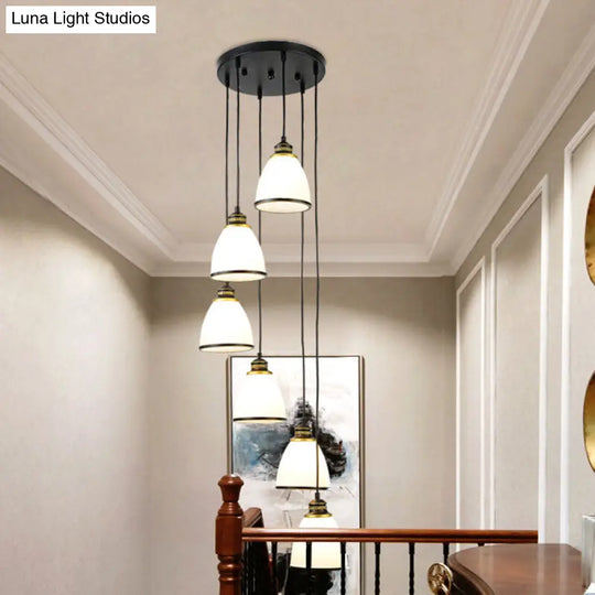 Simplicity Cream Glass Staircase Hanging Light With Spiral Bell Shade - Multi Pendant