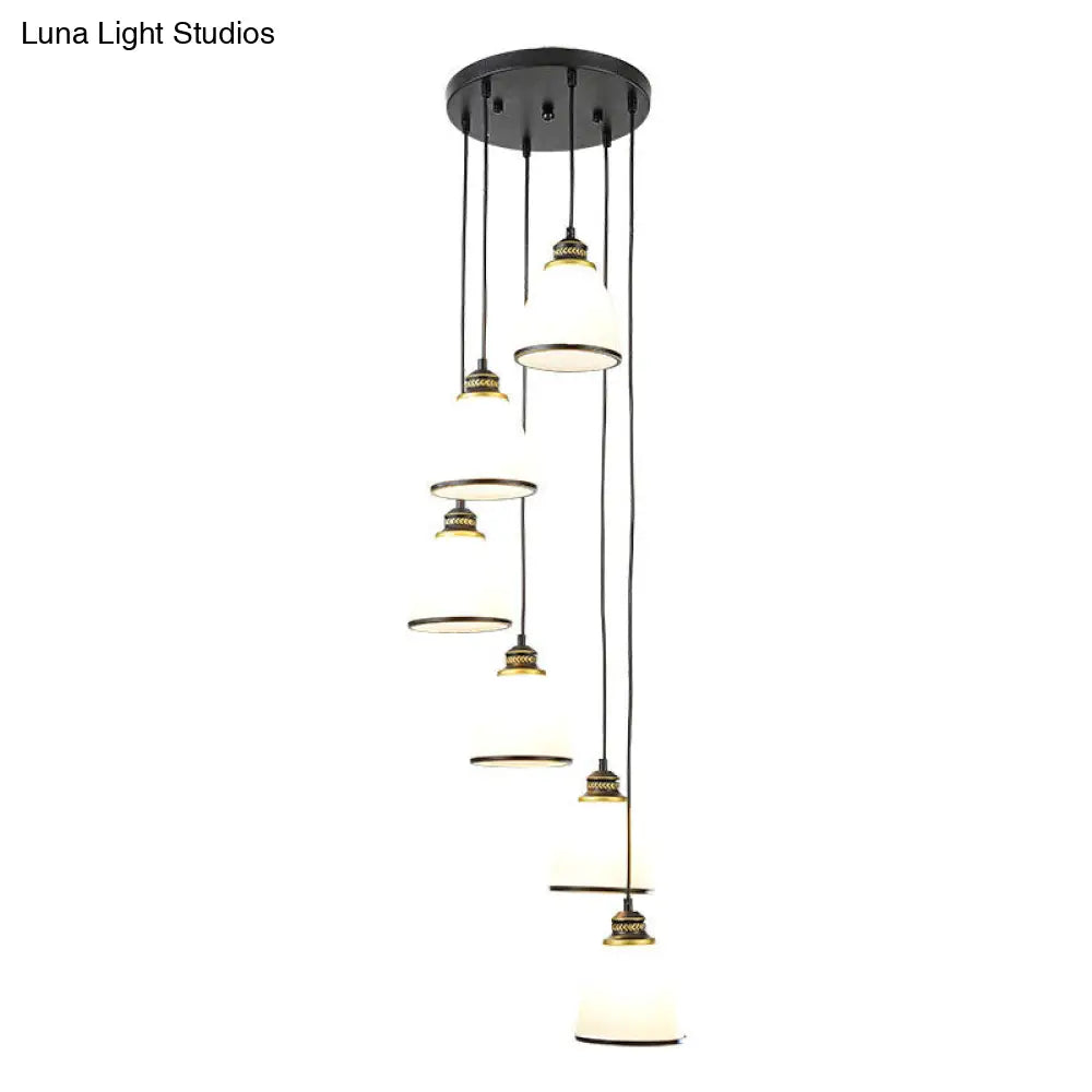 Simplicity Cream Glass Staircase Hanging Light With Spiral Bell Shade - Multi Pendant