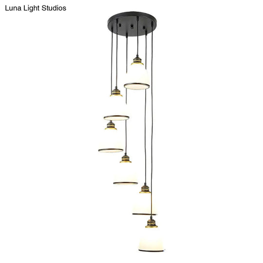 Simplicity Cream Glass Staircase Hanging Light With Spiral Bell Shade - Multi Pendant