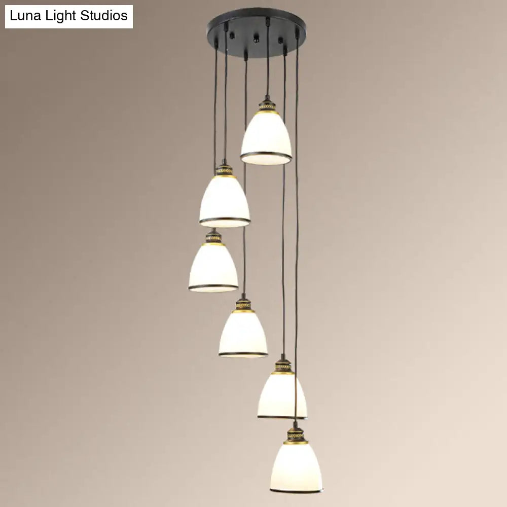 Simplicity Cream Glass Staircase Hanging Light With Spiral Bell Shade - Multi Pendant 6 / Black