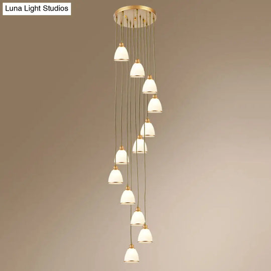 Simplicity Cream Glass Staircase Hanging Light With Spiral Bell Shade - Multi Pendant 12 / Gold