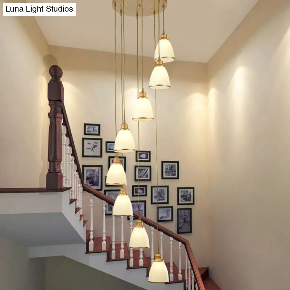 Simplicity Cream Glass Staircase Hanging Light With Spiral Bell Shade - Multi Pendant