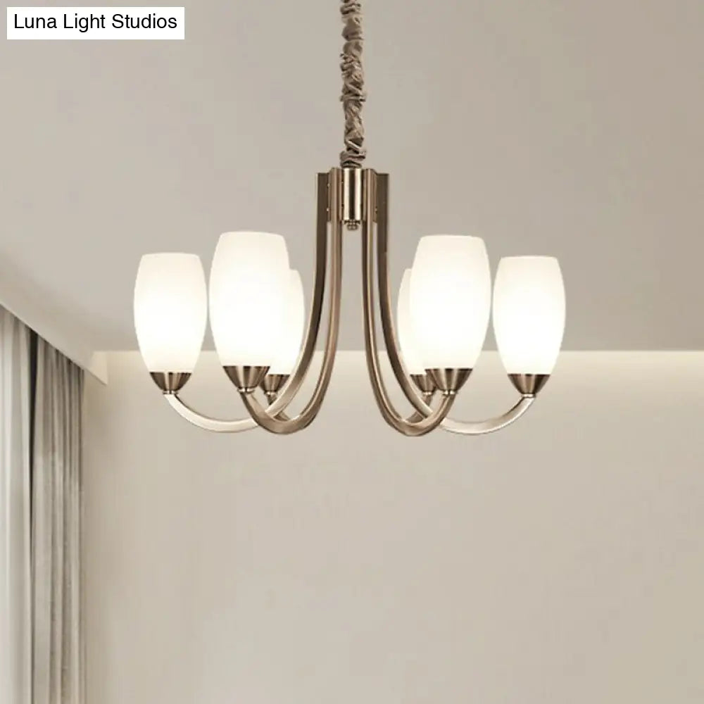 Simplicity Nickel Finish Swoop Arm Chandelier With Oval White Glass Shade: Elegant Metal Pendant