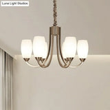 Simplicity Nickel Finish Swoop Arm Chandelier With Oval White Glass Shade: Elegant Metal Pendant