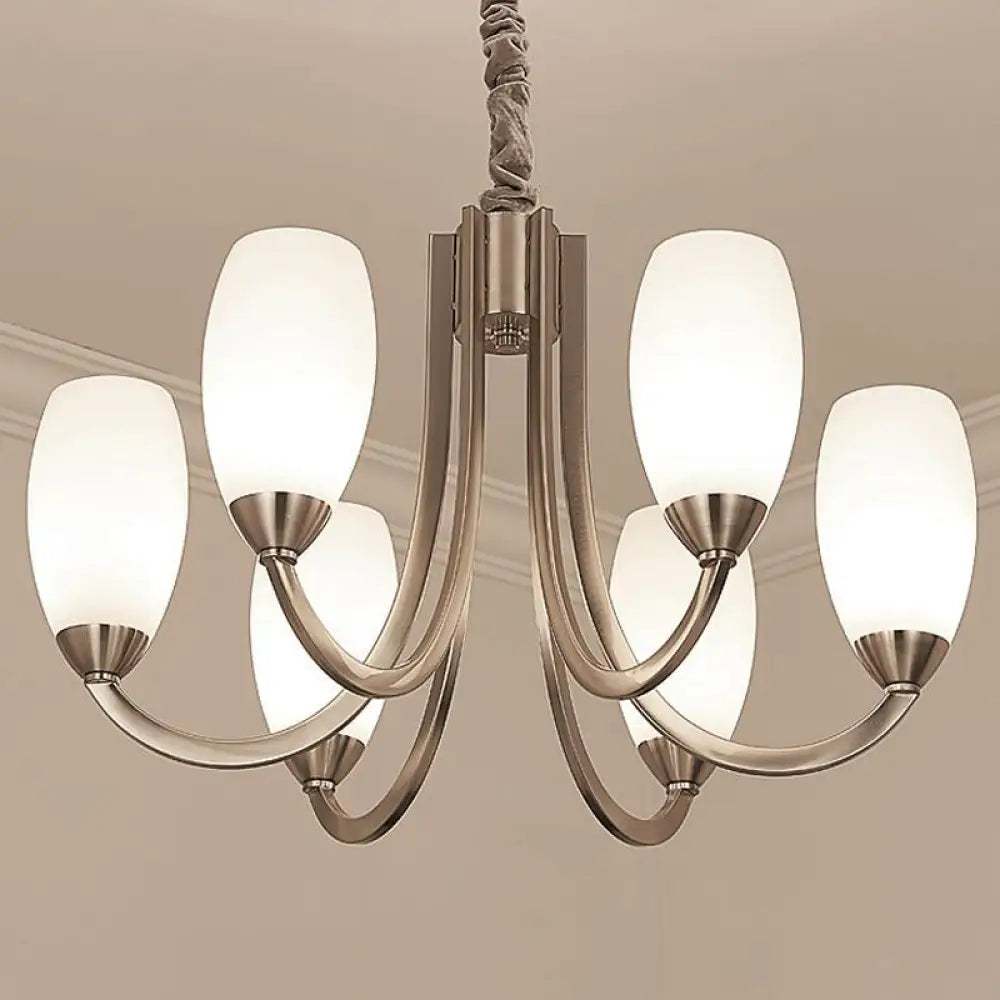 Simplicity Nickel Finish Swoop Arm Chandelier With Oval White Glass Shade: Elegant Metal Pendant