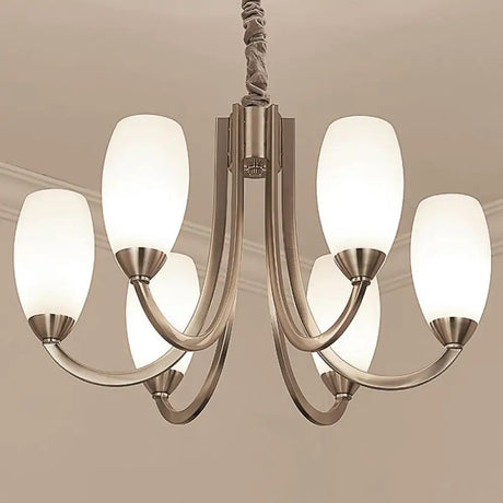 Simplicity Nickel Finish Swoop Arm Chandelier With Oval White Glass Shade: Elegant Metal Pendant