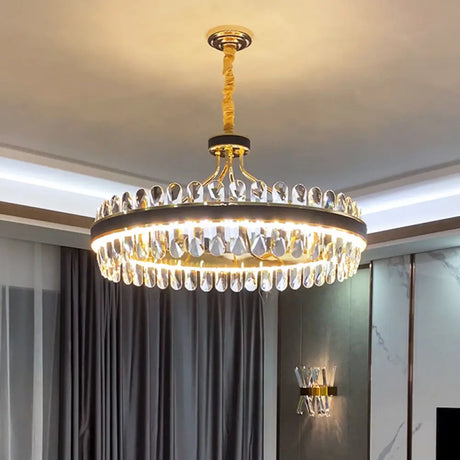 Modern Simplicity Led Chandelier In Gold-Black With K9 Crystal Pendant Light For Living Room