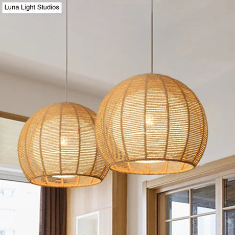 Simplicity Single Light Japanese Pendant Lamp With Double Rattan Shade - Beige/Coffee