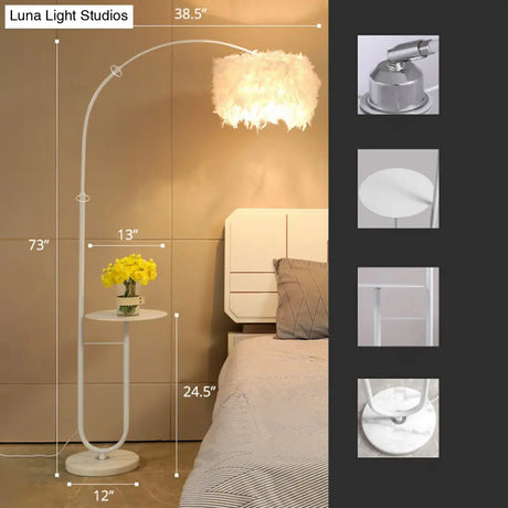 Simplicity White Drum Floor Lamp With Feather Accent Tray And Arc Arm