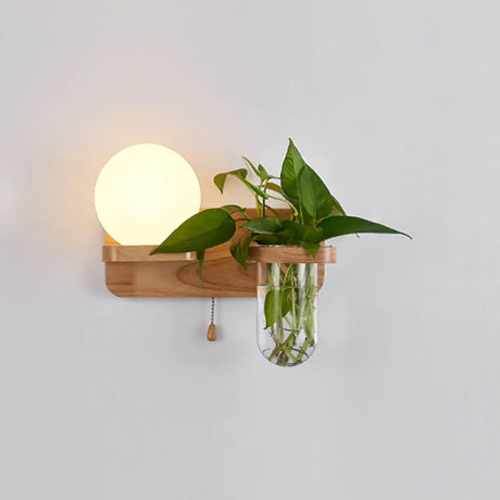 Simplicity White Glass Geometric Wall Sconce With Pull Chain - Single Corridor Light Wood Mounted /