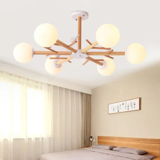 Simplistic Wood Pendant Light With Cream Glass Shade For Living Room Chandelier 6 /