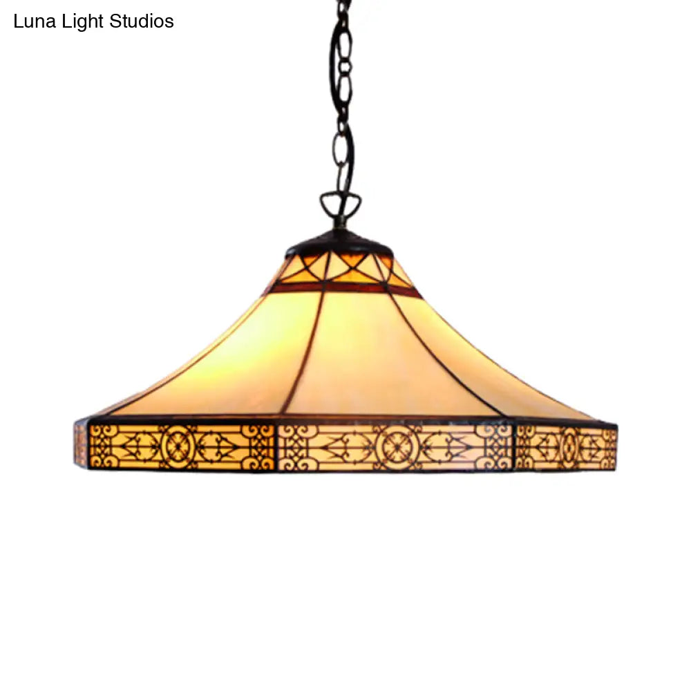 Single Bulb Stained Glass Tiffany-Style Cone Pendant Light In Beige For Living Room
