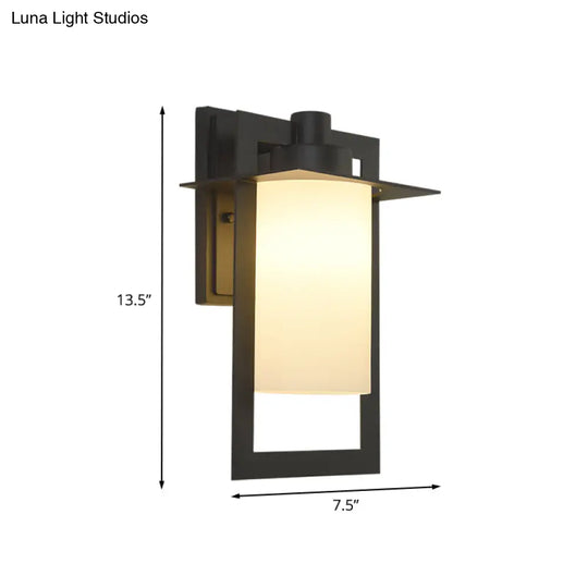 Single Bulb White Glass Wall Sconce In Black With Countryside Cylinder Design