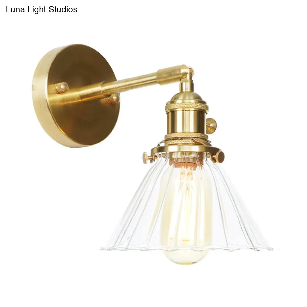 Single Light Vintage Cone Shade Wall Mount With Clear Ruffle Glass - Elegant Lighting
