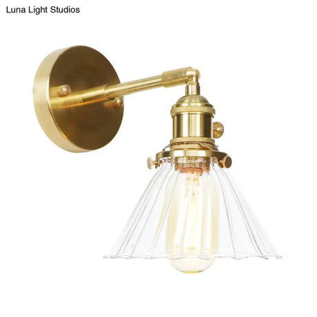 Single Light Vintage Cone Shade Wall Mount With Clear Ruffle Glass - Elegant Lighting