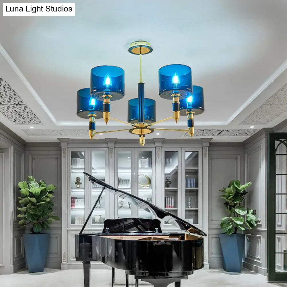 Sleek 5-Headed Gold Ceiling Light With Blue Glass Shade For Living Room