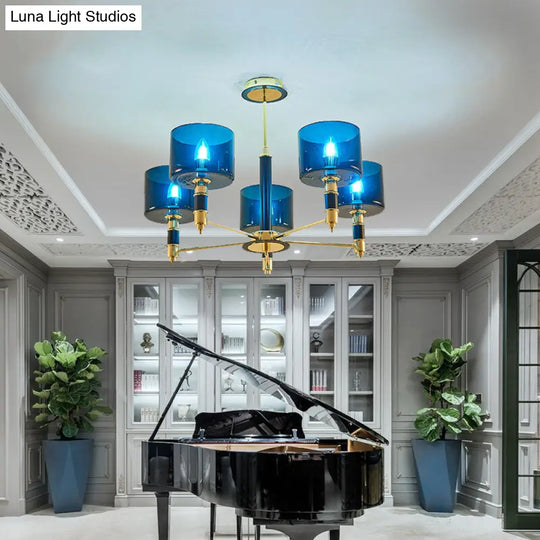 Sleek 5-Headed Gold Ceiling Light With Blue Glass Shade For Living Room