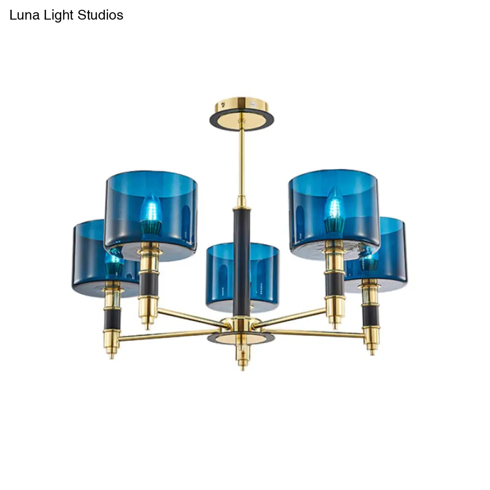 Sleek 5 - Headed Gold Ceiling Light With Blue Glass Shade For Living Room