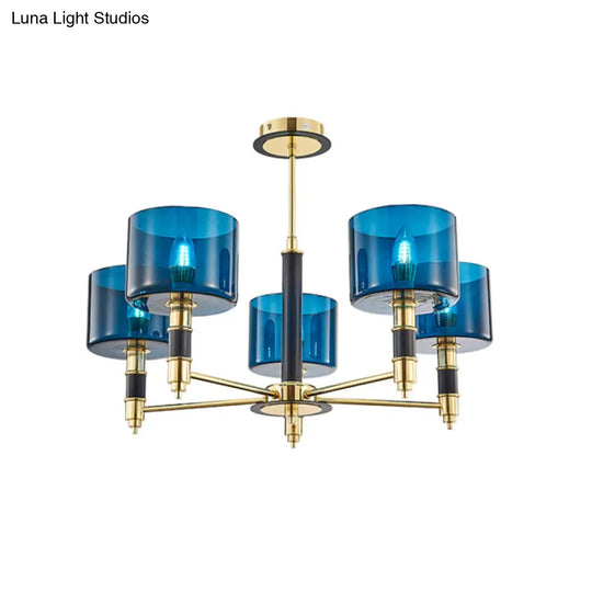 Sleek 5 - Headed Gold Ceiling Light With Blue Glass Shade For Living Room