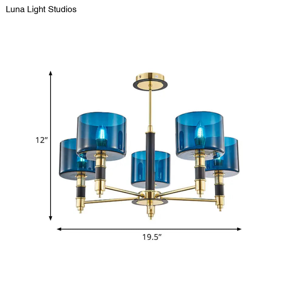 Sleek 5-Headed Gold Ceiling Light With Blue Glass Shade For Living Room