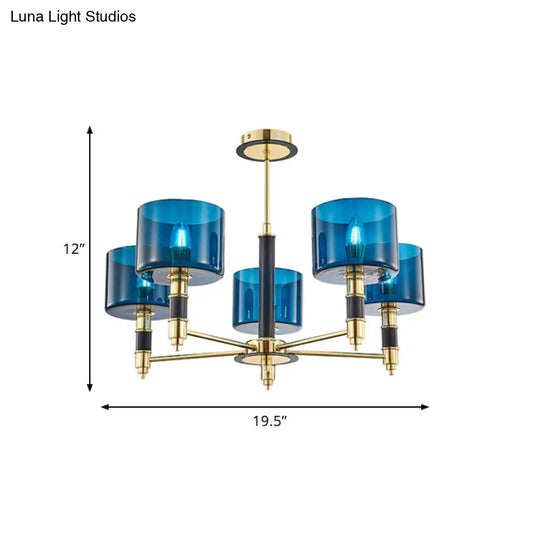 Sleek 5-Headed Gold Ceiling Light With Blue Glass Shade For Living Room
