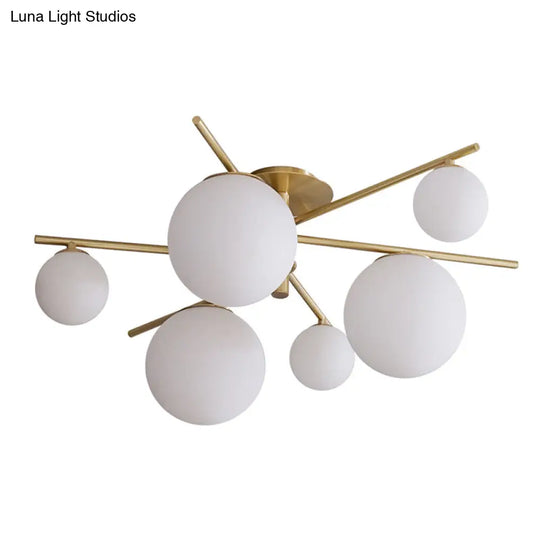 Sleek 6-Light Gold Sputnik Semi Flush Mount Ceiling Lamp With White Glass Ball Shade