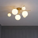 Sleek 6 - Light Gold Sputnik Semi Flush Mount Ceiling Lamp With White Glass Ball Shade