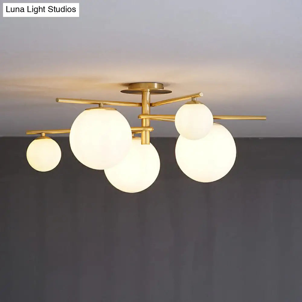 Sleek 6 - Light Gold Sputnik Semi Flush Mount Ceiling Lamp With White Glass Ball Shade