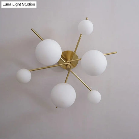 Sleek 6 - Light Gold Sputnik Semi Flush Mount Ceiling Lamp With White Glass Ball Shade