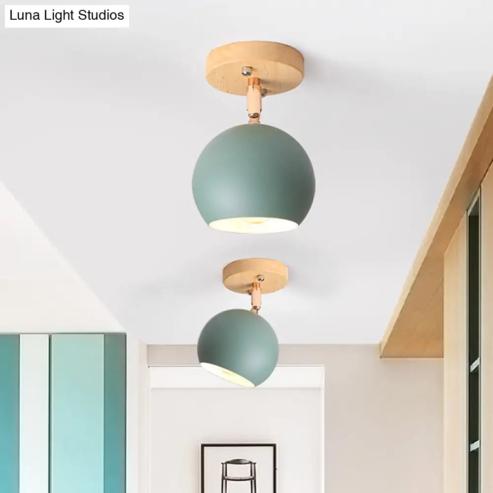 Sleek Adjustable Semi Ceiling Flush Mount With Round Wood Canopy - White/Green Ball Mounted Light