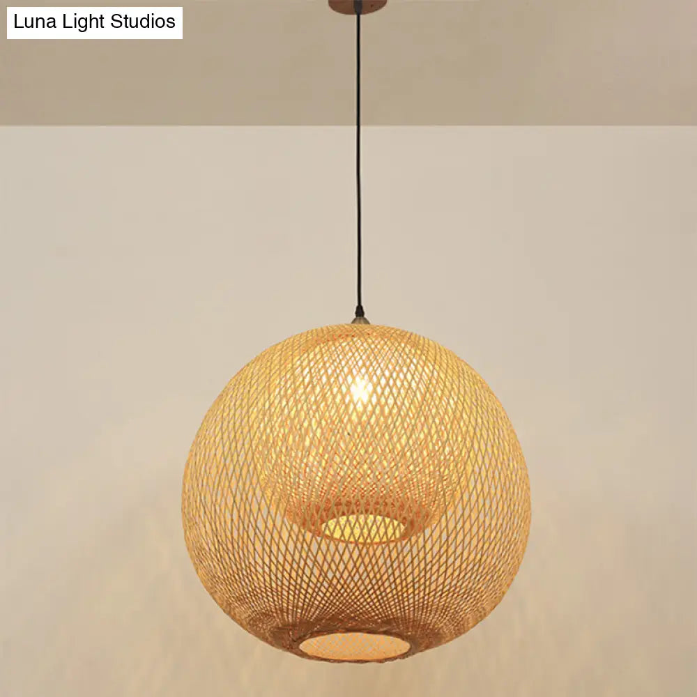 Sleek Bamboo Sphere Suspension Light - Minimalist 1Head Pendant Ceiling Lighting For Tea Room