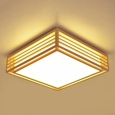 Sleek Beige Led Flush-Mount Wood Square Ceiling Light