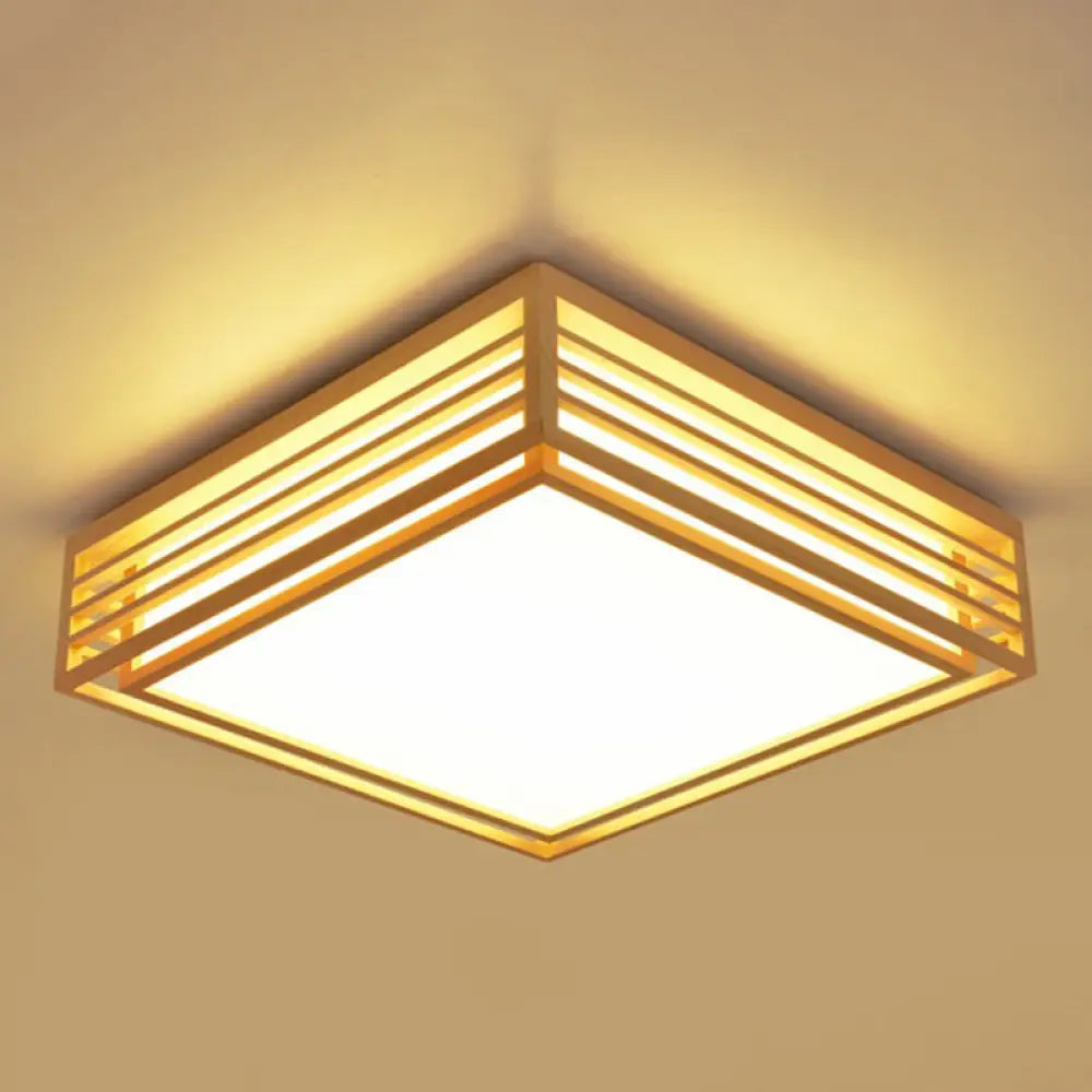 Sleek Beige Led Flush-Mount Wood Square Ceiling Light