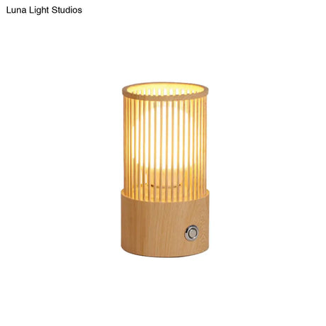 Sleek Beige Tubular Cage Desk Light: Minimalist Wood Table Lamp For Coffee Shops