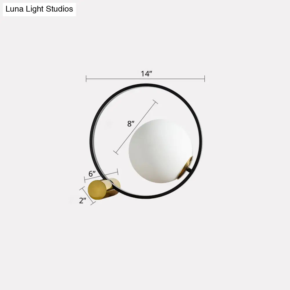 Sleek Black Bedside Table Lamp: Ring And Ball Night Light In Simplicity White Glass