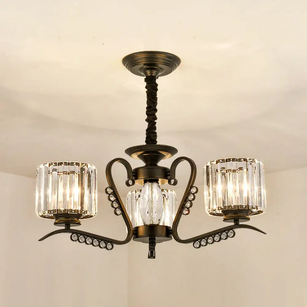 Sleek Black Cylindrical Chandelier With Tri-Sided Crystal Rods - Minimalist Hanging Light Fixture 3