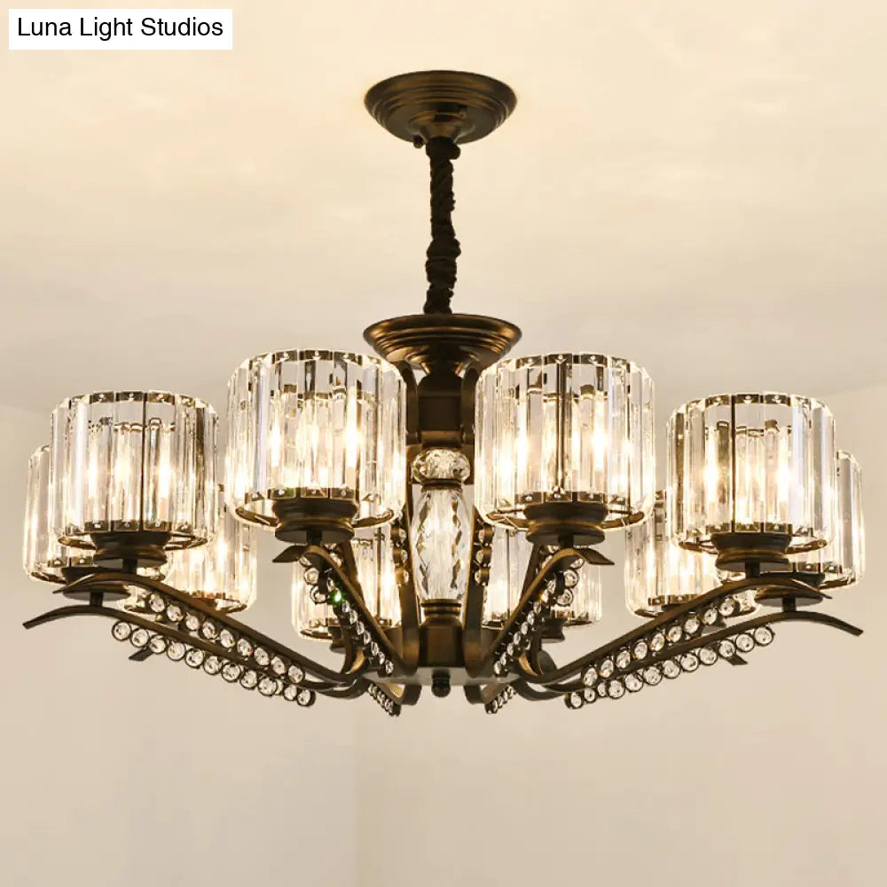 Sleek Black Cylindrical Chandelier With Tri-Sided Crystal Rods - Minimalist Hanging Light Fixture
