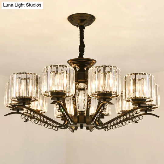 Sleek Black Cylindrical Chandelier With Tri-Sided Crystal Rods - Minimalist Hanging Light Fixture