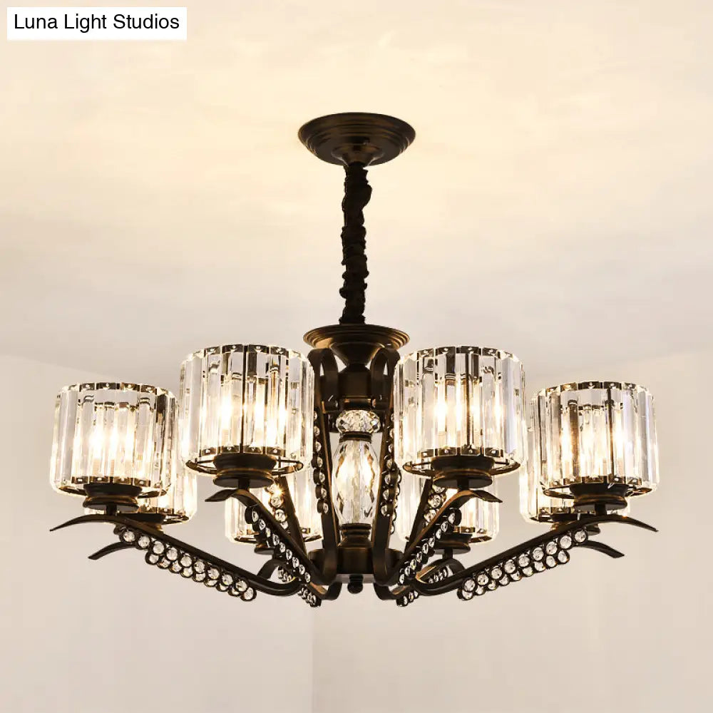 Sleek Black Cylindrical Chandelier With Tri-Sided Crystal Rods - Minimalist Hanging Light Fixture