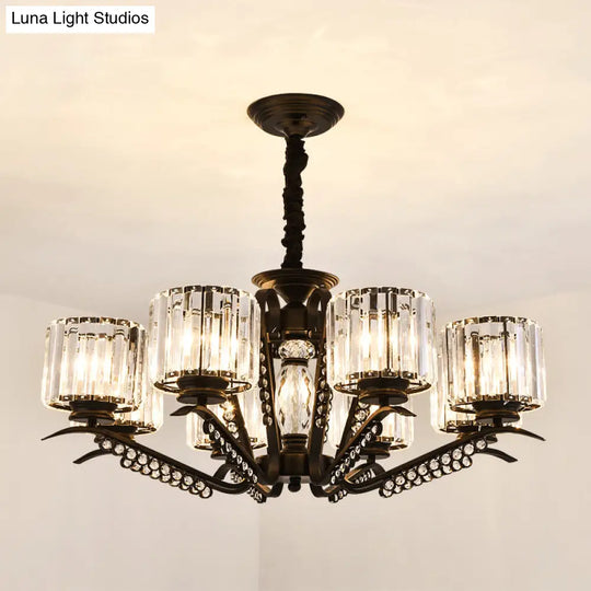 Sleek Black Cylindrical Chandelier With Tri-Sided Crystal Rods - Minimalist Hanging Light Fixture