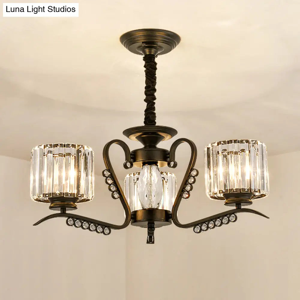 Sleek Black Cylindrical Chandelier With Tri-Sided Crystal Rods - Minimalist Hanging Light Fixture