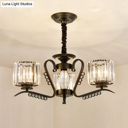 Sleek Black Cylindrical Chandelier With Tri-Sided Crystal Rods - Minimalist Hanging Light Fixture