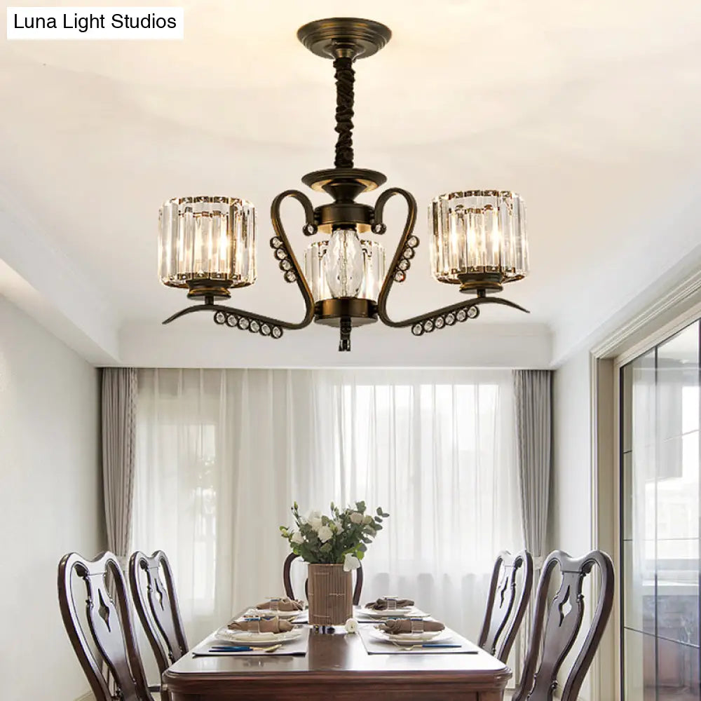 Sleek Black Cylindrical Chandelier With Tri-Sided Crystal Rods - Minimalist Hanging Light Fixture