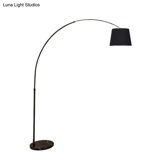 Sleek Black Floor Lamp With Fishing Rod Arm - Simplicity 1-Light Fabric Bucket Standing Light
