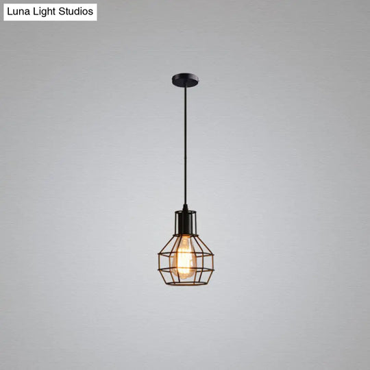 Sleek Black Iron Cage Hanging Light - Minimalistic Dining Room Pendant Fixture (1-Bulb)