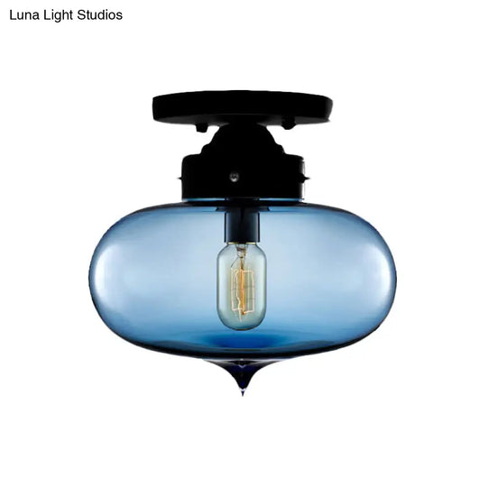 Sleek Black Industrial Semi Flush Light With Red/Brown/Amber Glass Oval Shade - Perfect For Dining